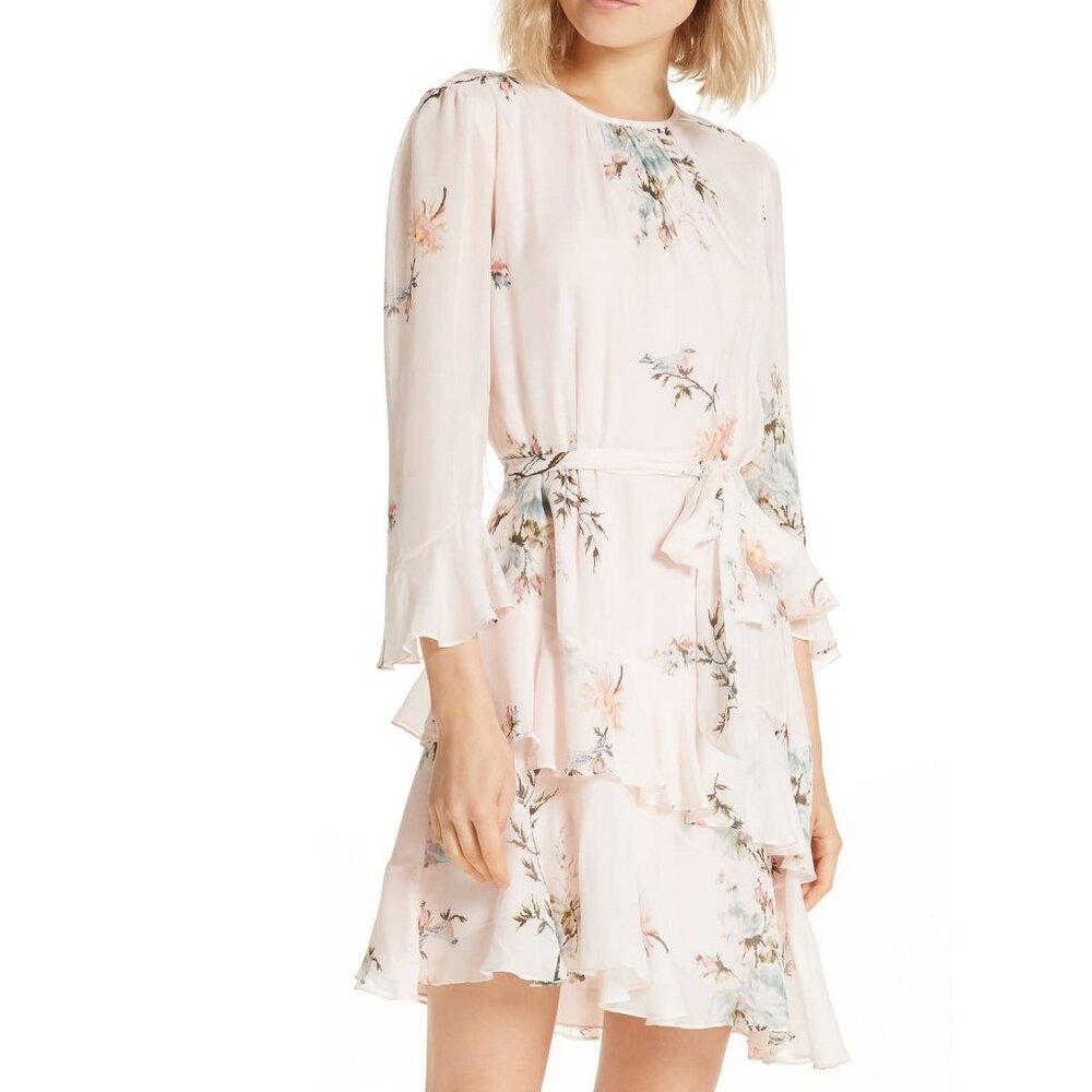 NWT Joie 100% Silk Floral Asymmetrical Ruffle Dress Rose Bud US 2 Wedding Guest